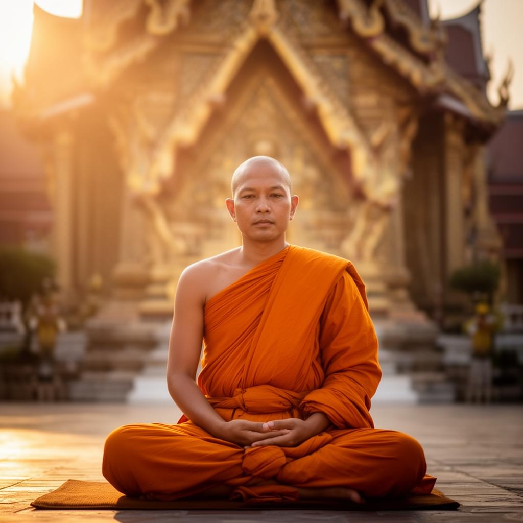 Buddhist monk meditating at a Thai temple at golden hour